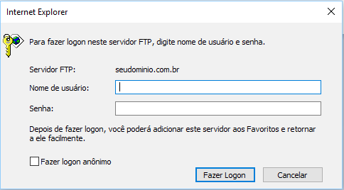 Tela de login e senha do servidor FTP