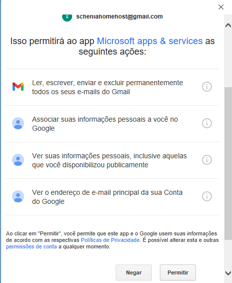 permissão para acessar gmail no outlook