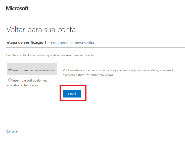 escolha seu email para recuperar senha do Outlook