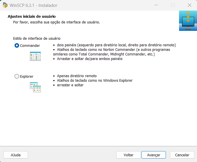 Layout do usuário do WinSCP