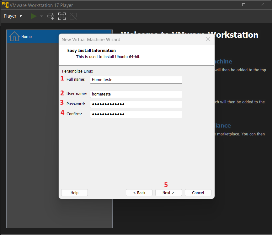 Criar máquina virtual Ubuntu - user and pass