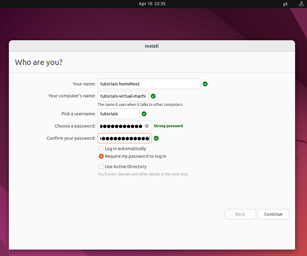 Criar máquina virtual Ubuntu - detalhes do login
