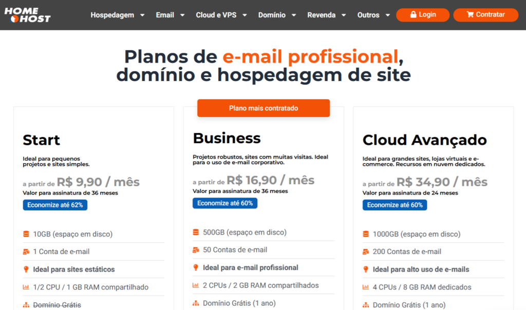 planos de hospedagem barata da homehost