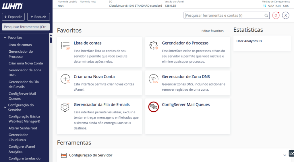 Tela principal do cPanel WHM