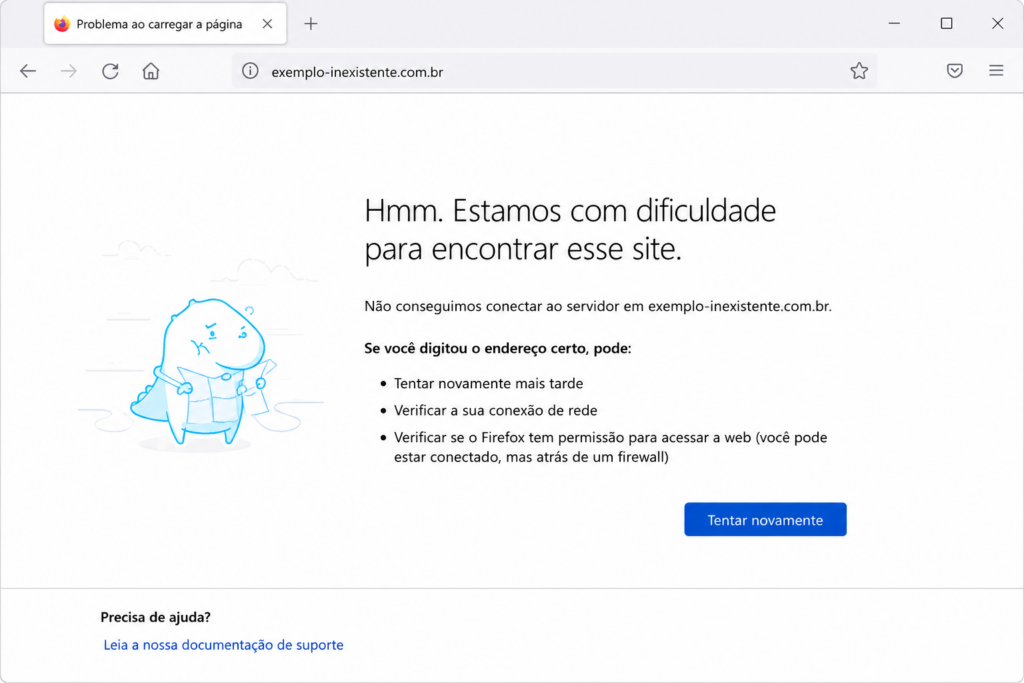 Erro de DNS no Mozilla Firefox com a mensagem Não foi possível encontrar o servidor