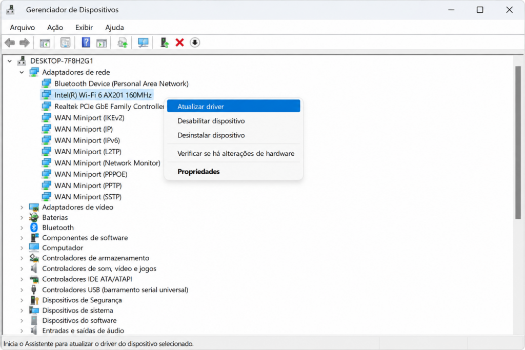Gerenciador de Dispositivos do Windows com a seção Adaptadores de rede aberta e o menu de botão direito exibindo a opção Atualizar driver