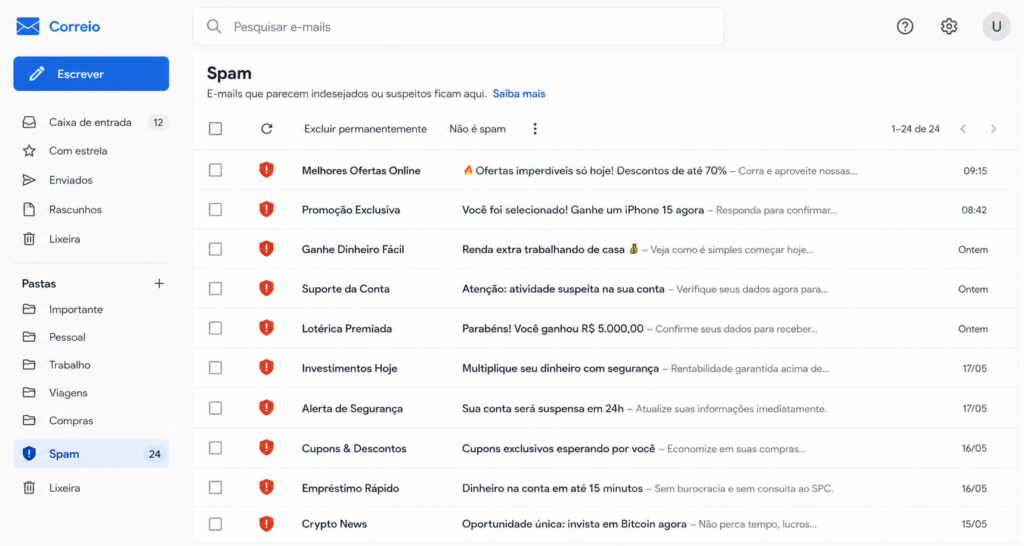 Pasta de spam de um cliente de e-mail mostrando mensagens indesejadas filtradas automaticamente