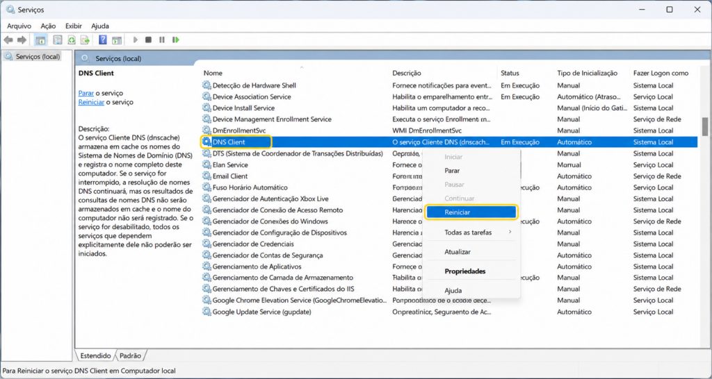 Reinicie o serviço Cliente DNS (Windows)
