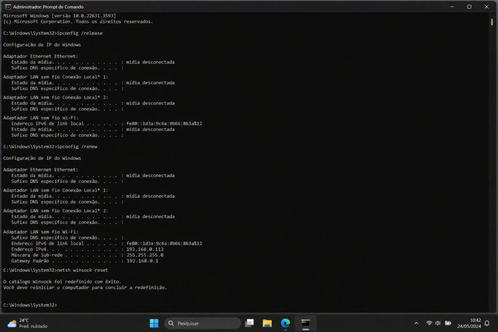 ipconfig /release
ipconfig /renew
netsh winsock reset