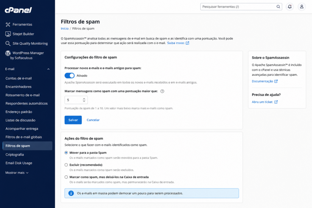 Tela de configuração do filtro anti-spam (SpamAssassin) no painel cPanel da hospedagem