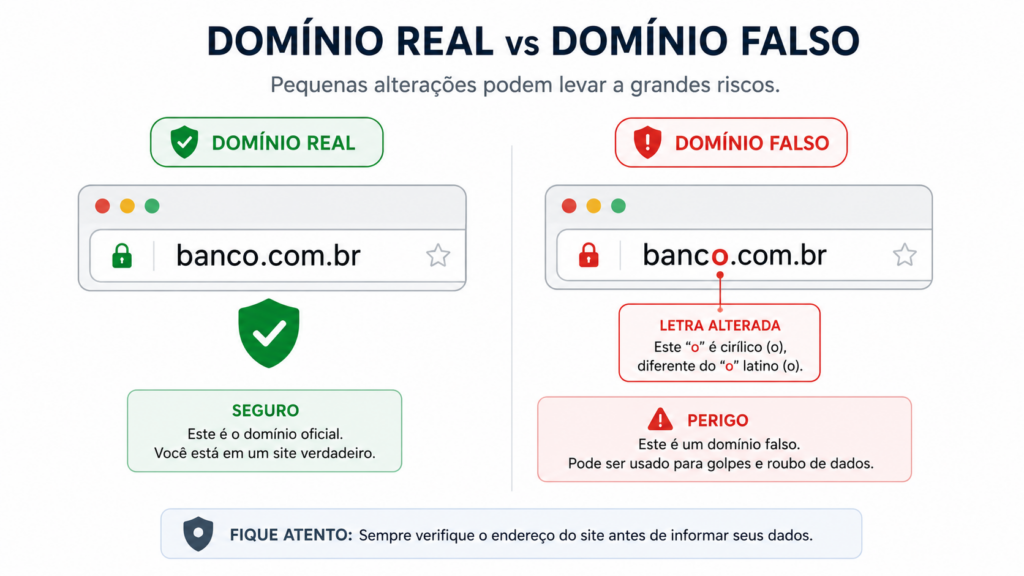 Comparação entre um domínio real e um domínio falso usado em phishing