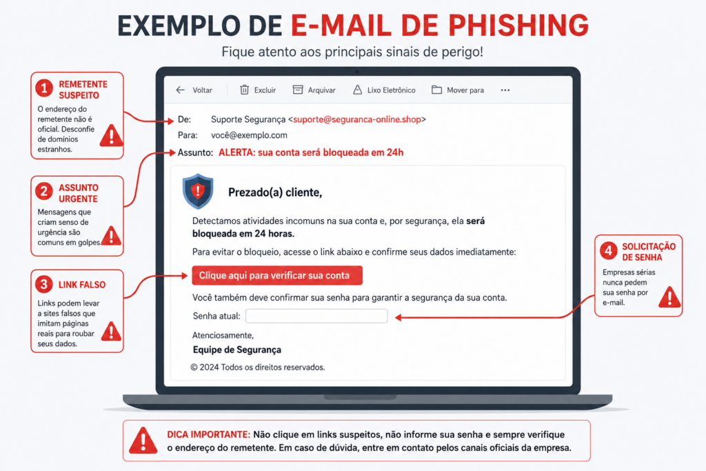 Exemplo de e-mail de phishing com os sinais de alerta destacados