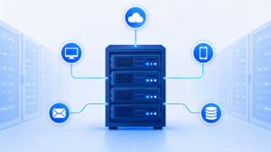 Ilustração de um rack de servidor conectado a computador, celular, e-mail, nuvem e banco de dados, num data center, representando as funções de um servidor