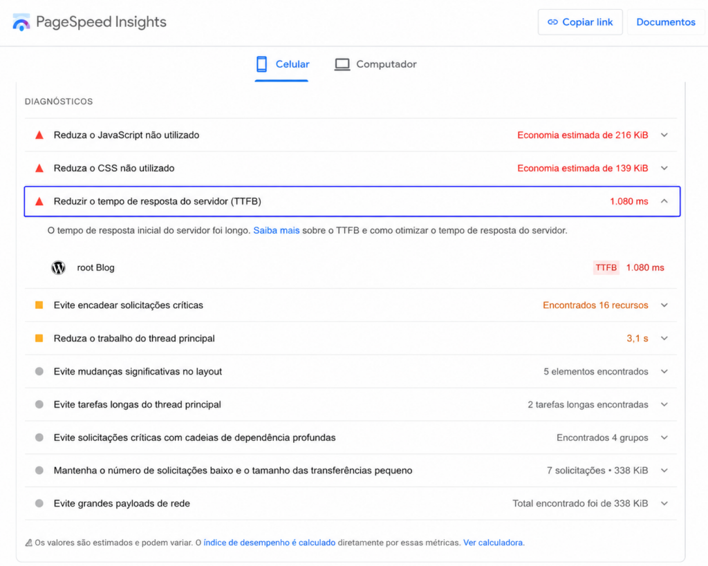 Tempo de resposta do servidor no relatório do PageSpeed Insights