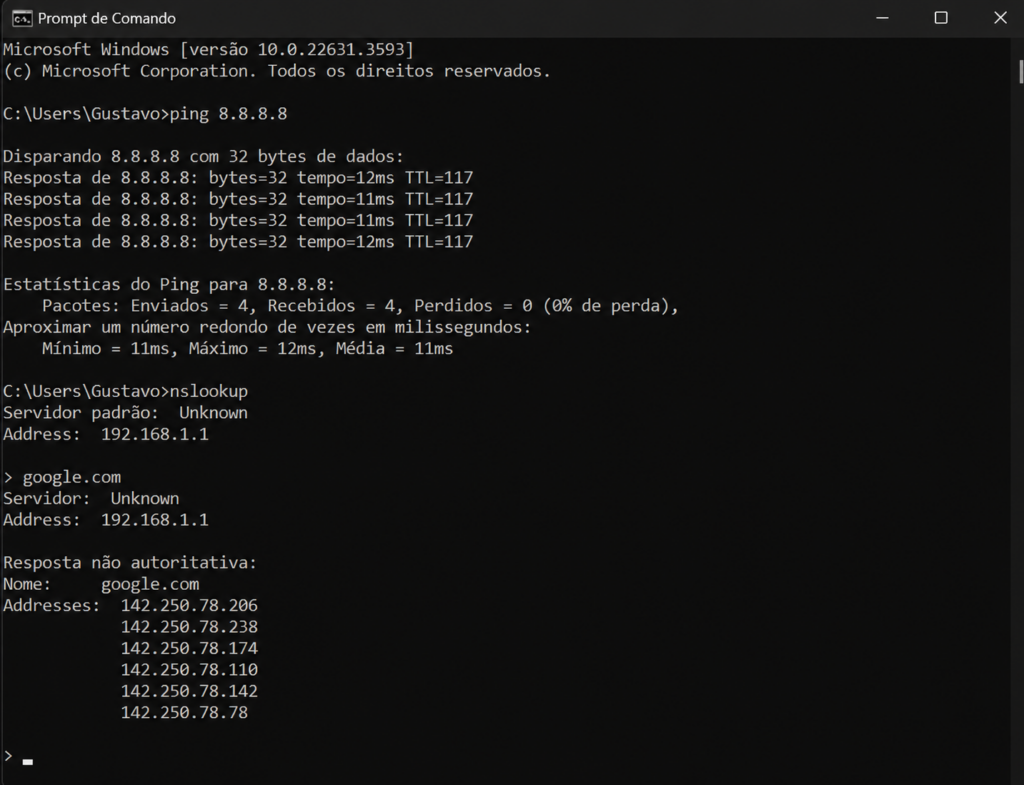 Ping e nslookup pra testar o DNS do Google