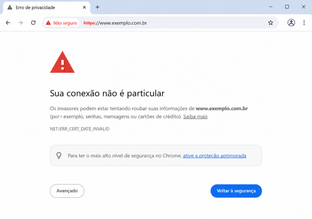 Erro Sua conexão não é particula NET::ERR_CERT_DATE_INVALID no Chrome