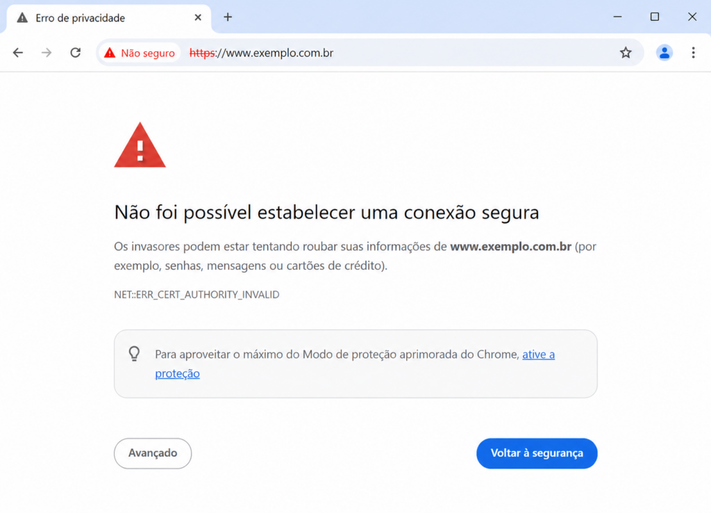 Tela do erro não foi possível estabelecer uma conexão segura no Chrome