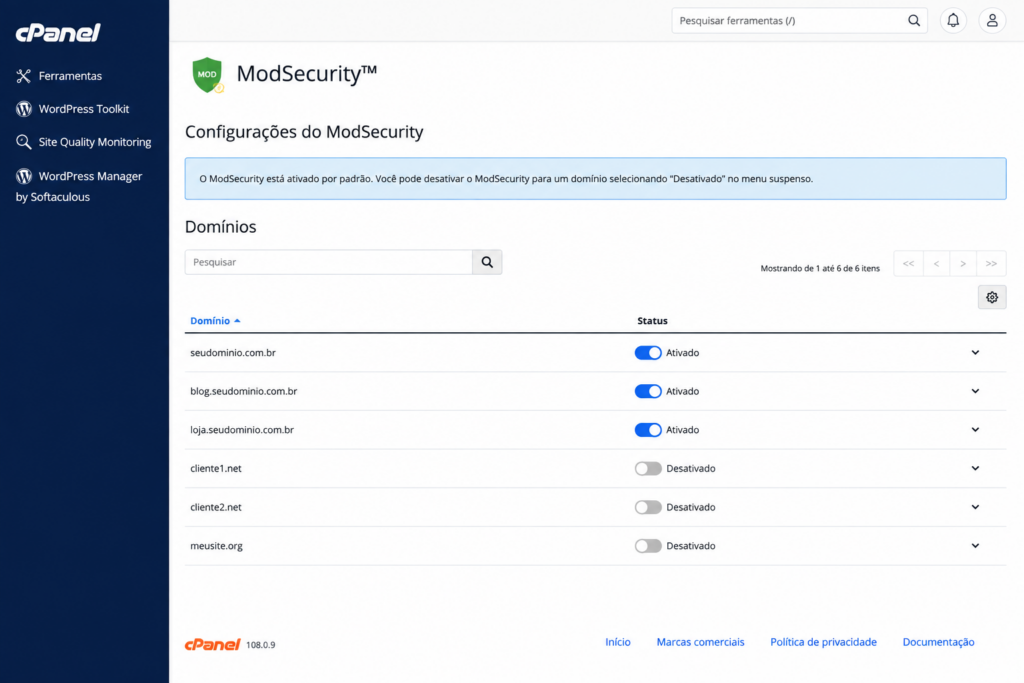 Tela do ModSecurity no cPanel mostrando o status por domínio