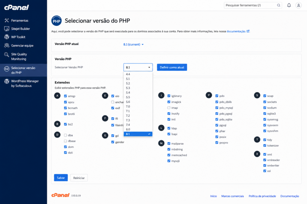 Seletor de versão do PHP no cPanel, disponível graças ao CloudLinux