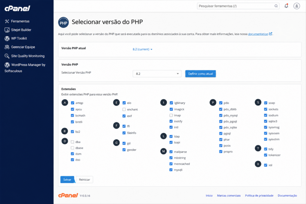 Seletor de versão do PHP no cPanel, possível graças ao isolamento do CageFS
