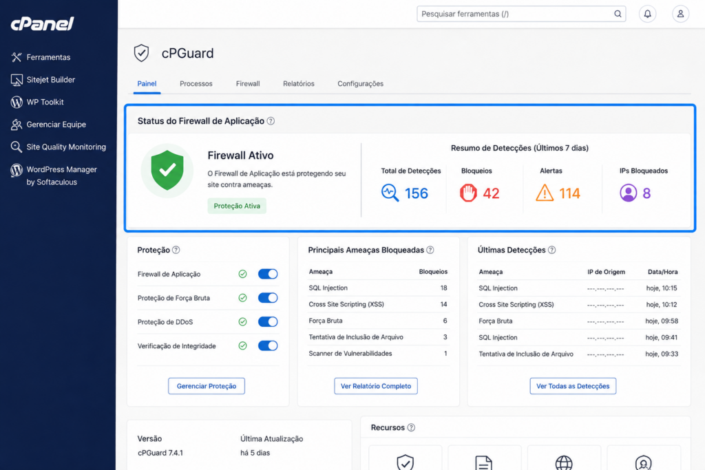 Painel do cPGuard no cPanel mostrando o firewall de aplicação ativo