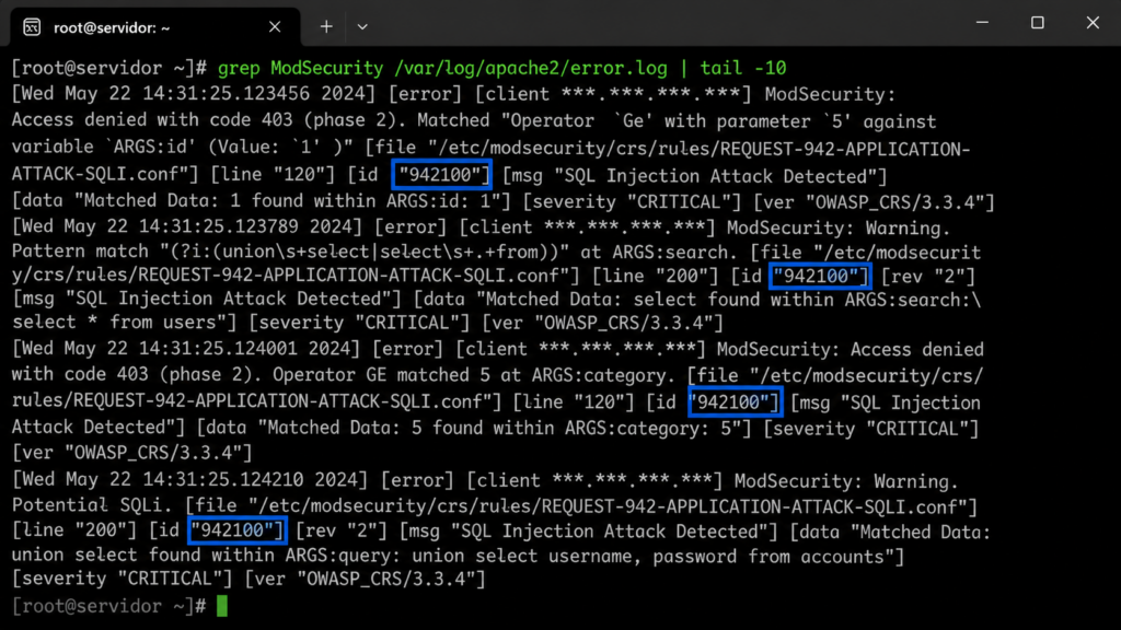 Log do ModSecurity mostrando o ID da regra que bloqueou uma requisição