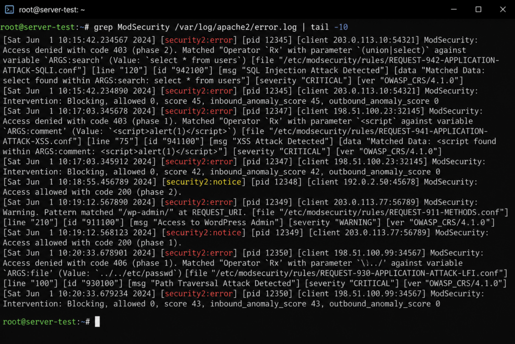 Log do ModSecurity mostrando a regra que bloqueou uma requisição e o ID dela