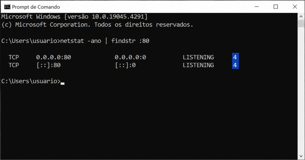 Prompt de Comando com o netstat mostrando a porta 80 em uso e o PID do processo
