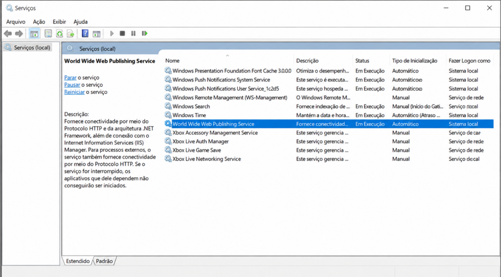 Janela de Serviços do Windows com o World Wide Web Publishing Service selecionado