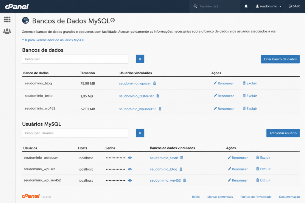 Tela do MySQL no cPanel