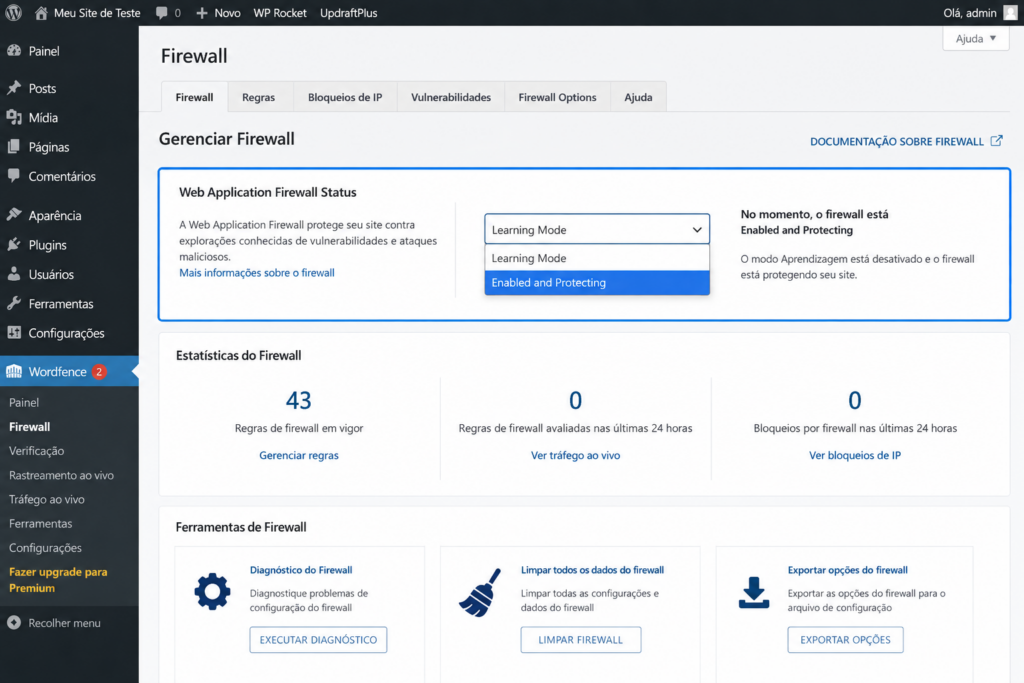 Status do Web Application Firewall do Wordfence em modo de aprendizado