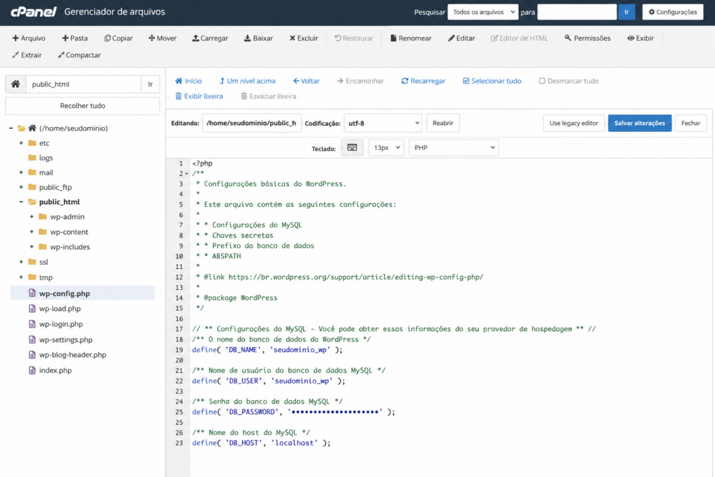 wp-config com os dados do banco de dados do WordPress