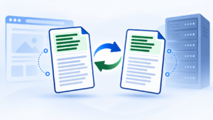 Ilustração de dois documentos com cabeçalhos destacados trocando informação entre um navegador e um servidor, representando os cabeçalhos de requisição e de resposta HTTP