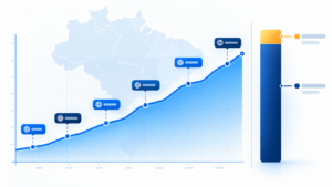Ilustração de um gráfico de crescimento com etiquetas de domínio e uma barra mostrando a proporção dominante de uma categoria, sobre o contorno do mapa do Brasil
